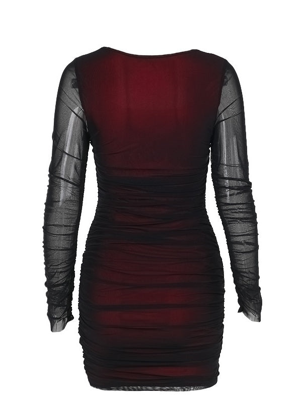 Fitted Mesh Long-Sleeved Bodycon Deep Red Short Dress