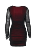 Fitted Mesh Long-Sleeved Bodycon Deep Red Short Dress