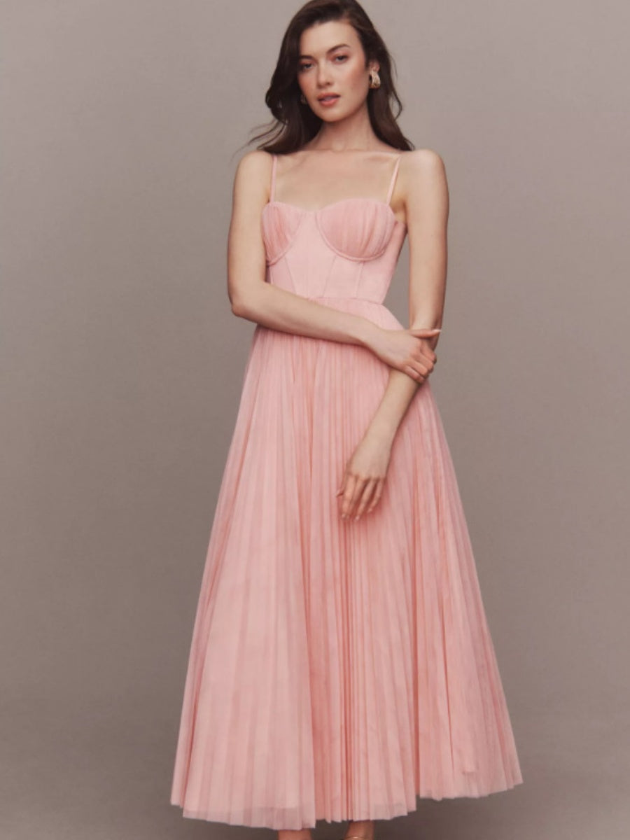 Sleeveless Deep V Slim Fit Pleated Camisoles Maxi Dresses