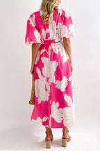 V Neck Puff Sleeves Waisted Floral Midi Dress