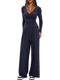 Long Sleeve V-neck T-shirt Loose-fit Wide-leg Pants Leisure 2-piece Sets