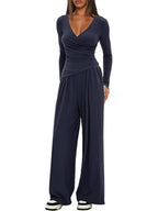 Long Sleeve V-neck T-shirt Loose-fit Wide-leg Pants Leisure 2-piece Sets
