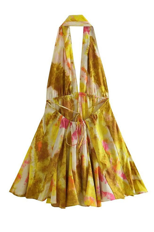 Deep V Neck Halter Backless Printed Mini Vacation Dress