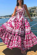 V Neck Waisted Floral Print Swing Maxi Cami Dress