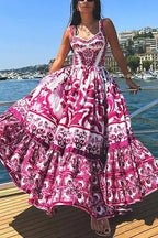 V Neck Waisted Floral Print Swing Maxi Cami Dress