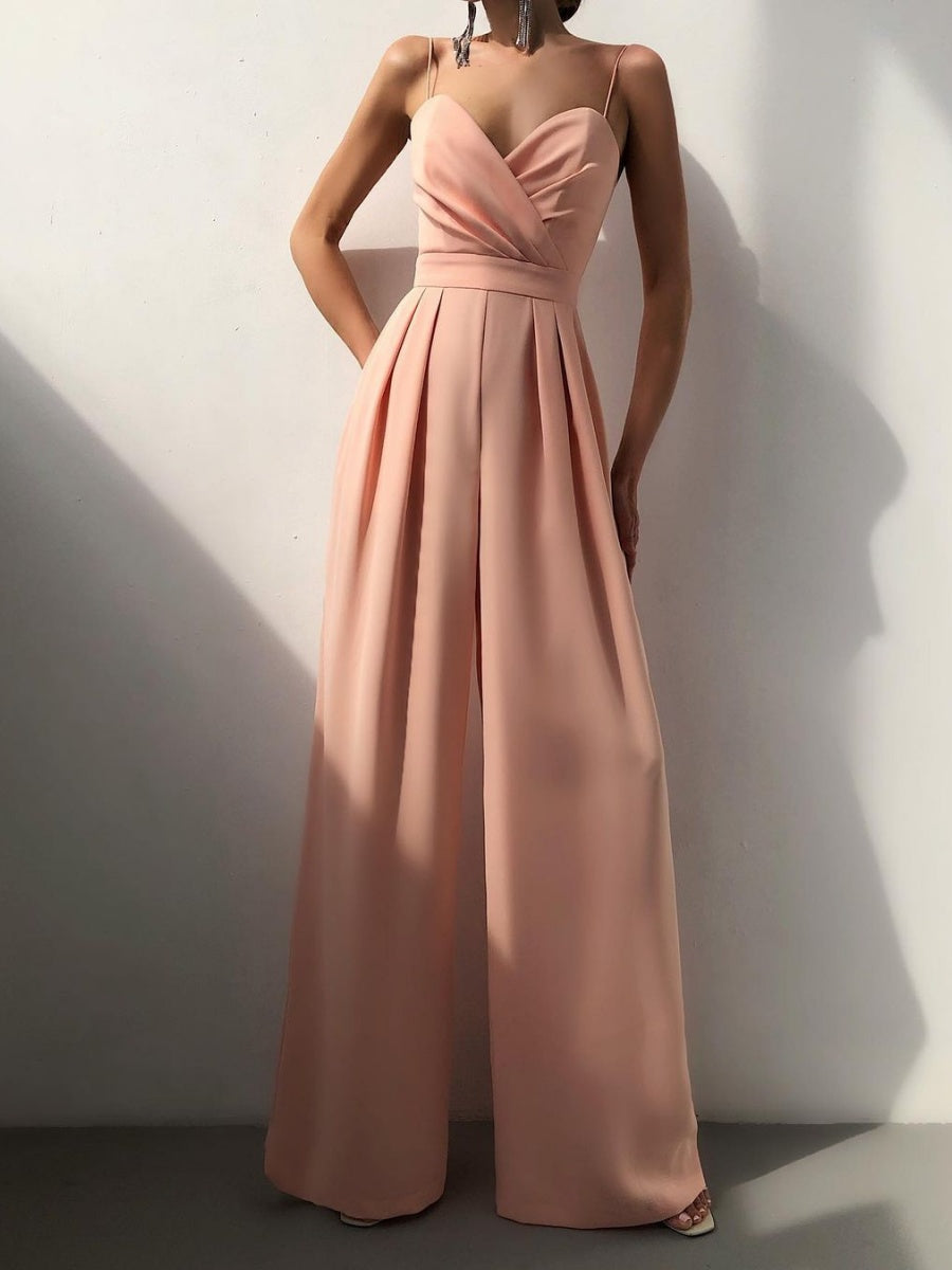 Minimalist Jumpsuit With Suspenders, Cinched Waist, Straight Leg, And Floor-length
