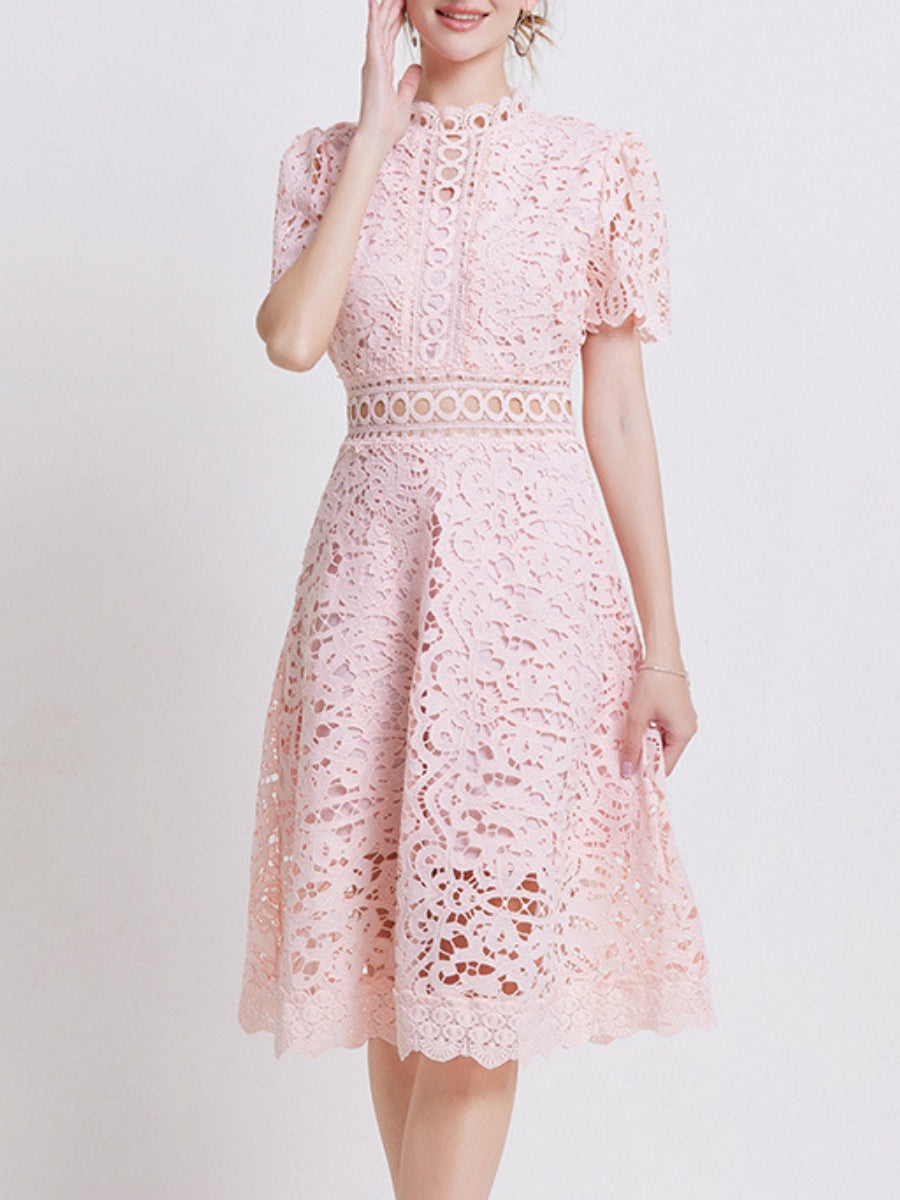 Lace Waist-cinching Hollow-out Midi Dress