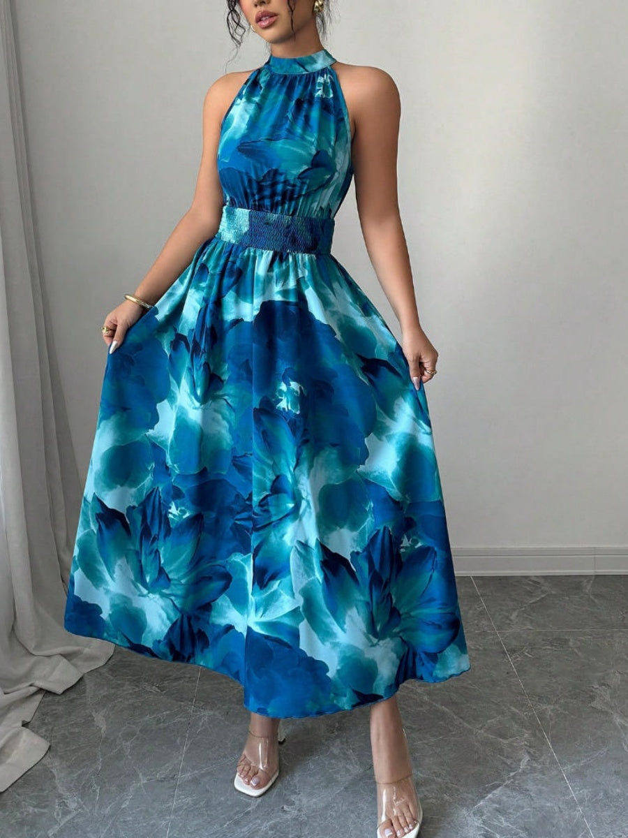 Printed Halter Sleeveless Vacation And Leisure Maxi Dresses