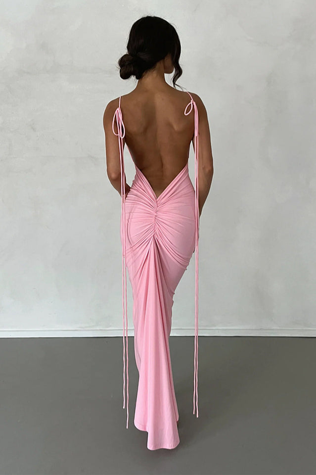 Tie Shoulder Deep Open Back Ruched Bodycon Maxi Dress