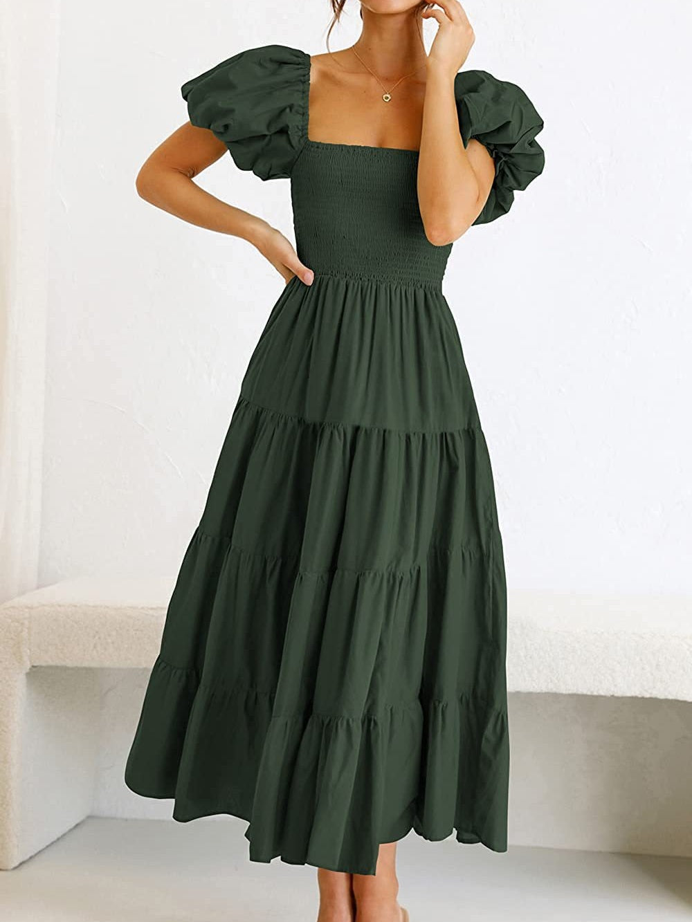 Square Neck, Backless, Puff Sleeve, Pleated Short-sleeved Long Dress