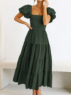 Square Neck, Backless, Puff Sleeve, Pleated Short-sleeved Long Dress