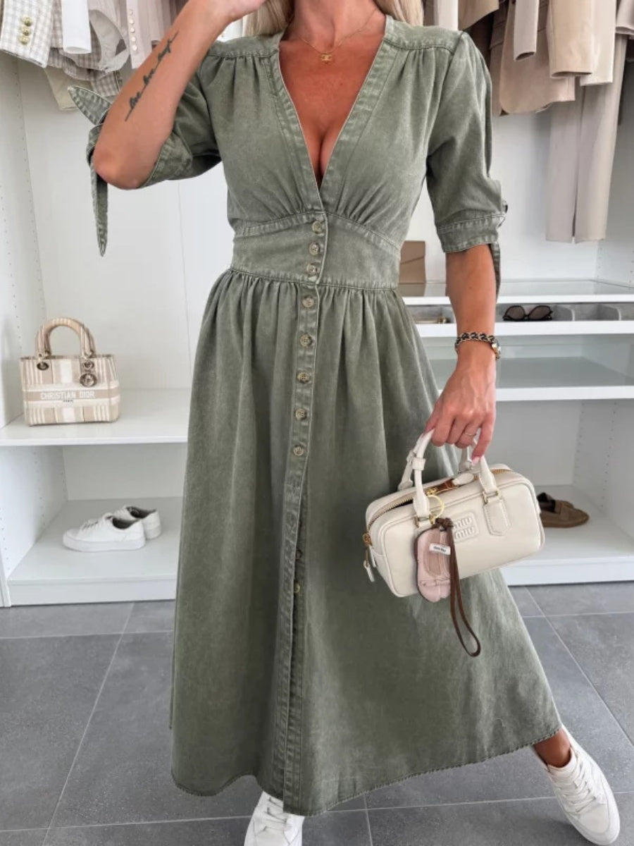 V-neck Short-sleeved Loose-fitting Denim Button-down Long Dress