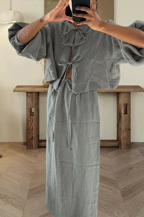 Puff Long Sleeves Lace-up Shirt Drawstring Waist Maxi Skirt Set