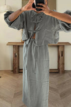 Puff Long Sleeves Lace-up Shirt Drawstring Waist Maxi Skirt Set