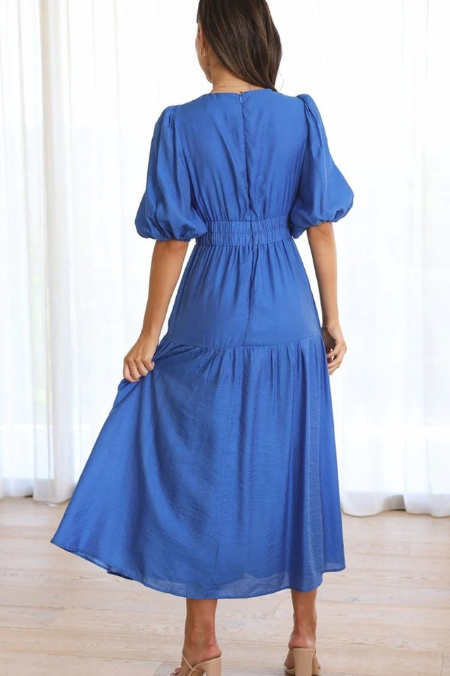 Deep V-Neck Smocked Waist Puff Sleeve Tiered Midi Dress