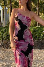 One Shoulder Cut Out Floral Print Maxi Cami Dress
