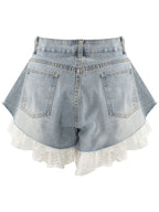 Straight-leg Patchwork Lace Denim Shorts