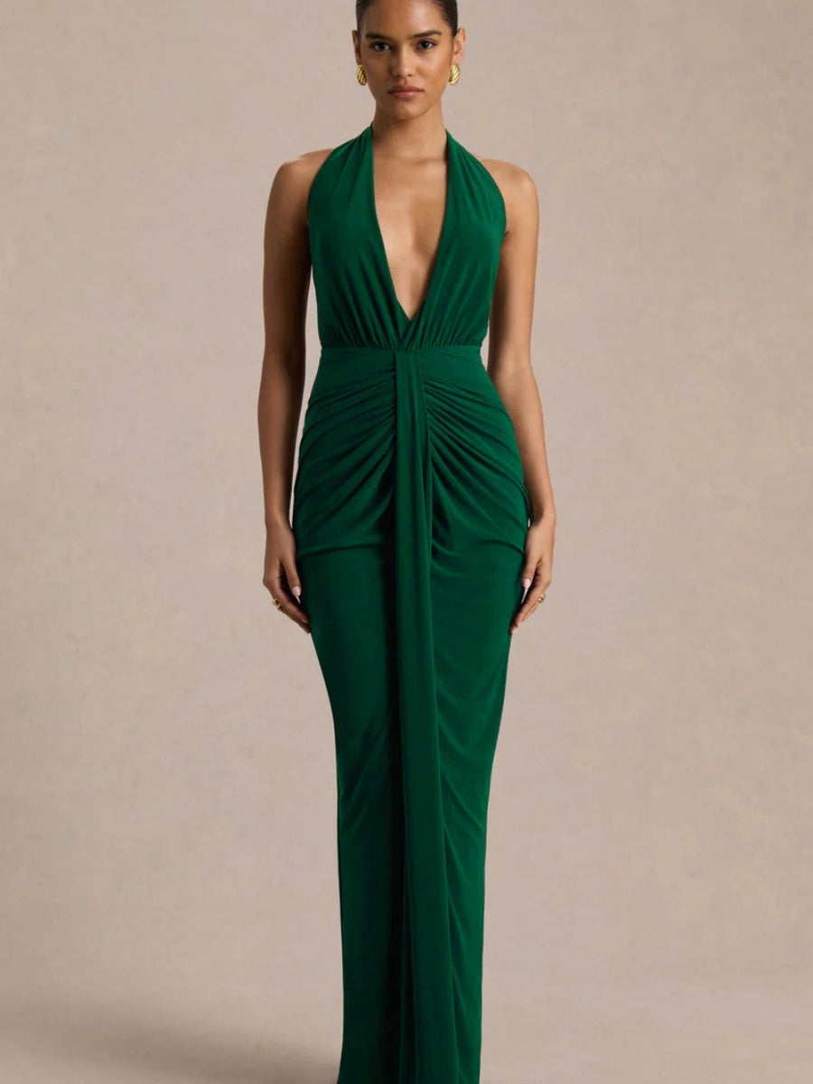 V-neck Halter Temperament Pleated Hip-hugging Big Backless Midi Dresses