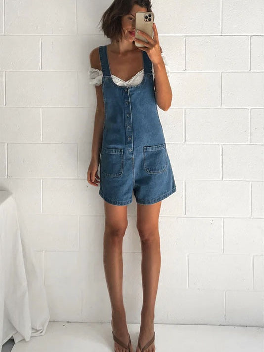 Straight-leg Denim Overalls Shorts