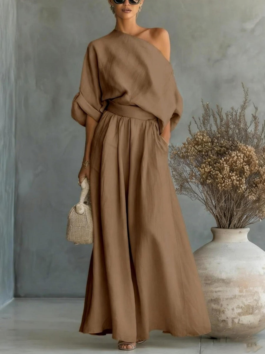Loose-fit Off-shoulder Jacket Wide-leg Pants Set 2-piece Sets