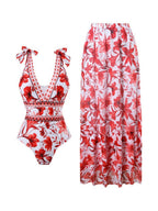 Blue And White Porcelain Print One-piece Slimming And Figure-flattering Long Swimsuit And Sun Protection Dress Two-piece Set