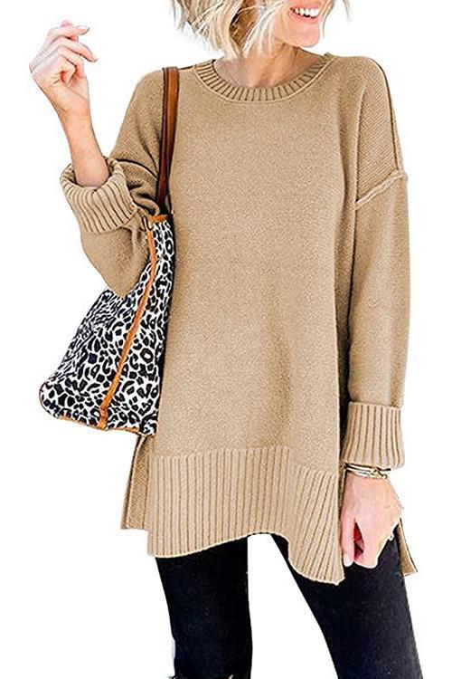 Side Split Ribbed Trim Loose Mid Sweater