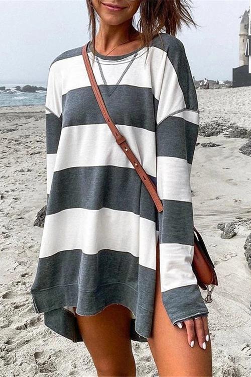 Crewneck Side Split High Low Hem Striped Pullovers