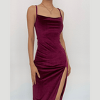 Sleeveless velvet slit cowl neck backless cami midi dress