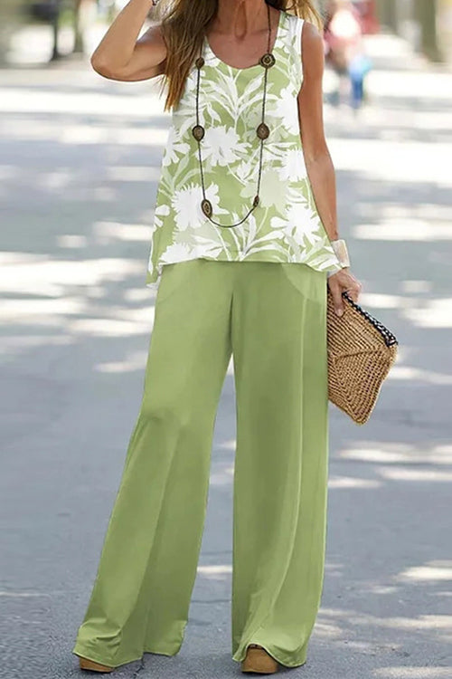 Printed Sleeveless Tank Top and Wide Leg Pants Set