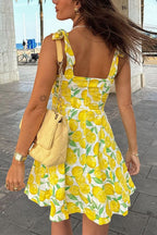 Tie Shoulder Lemon Print Mini Cami Vacation Dress