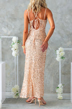 Sleeveless Open Back Slit Sequin Maxi Party Dress