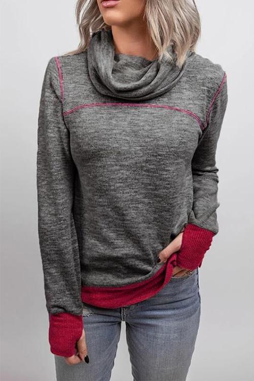 Casual Cowl Neck Color Block Sweatshirt with Thumb Hole