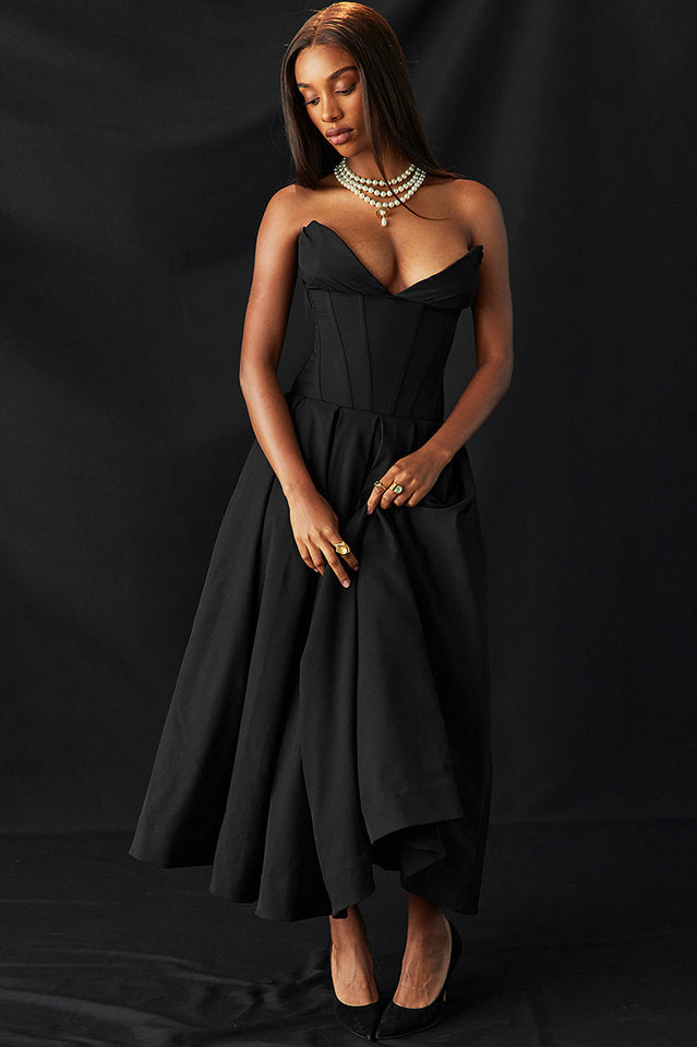 Strapless Plunging V-Neck Corset Bodice Box Pleat A-Line Midi Dress