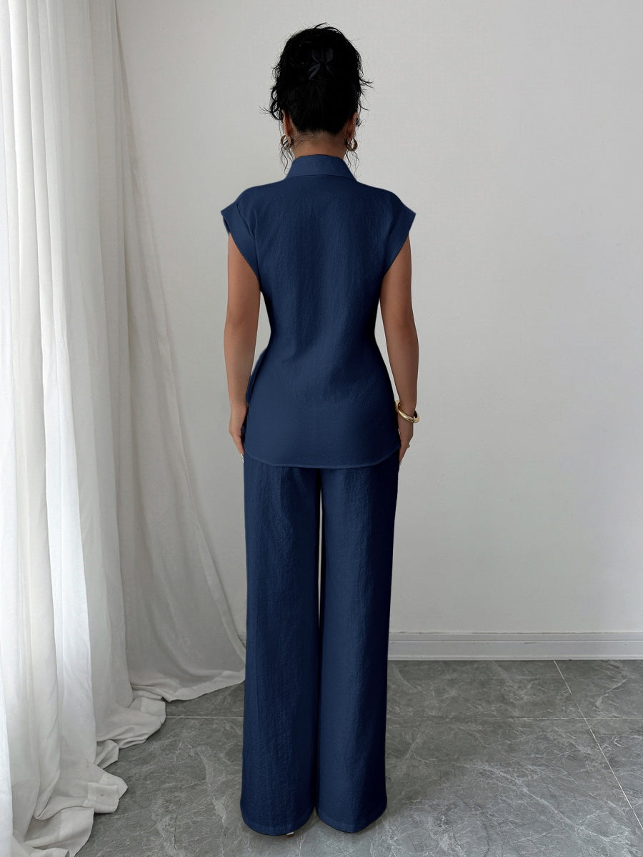 Lapel Sleeveless Kink Shirts Wide-leg Pants Business Suit 2-piece Sets