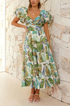 Twist Front Puff Sleeves Ruffle Tiered Printed Maxi Dress