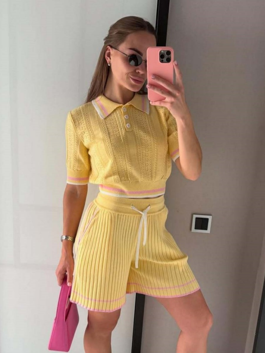 Academic Style Lapel Ice Silk Short Cardigan Color-blocked Drawstring Shorts Set 2-piece Sets