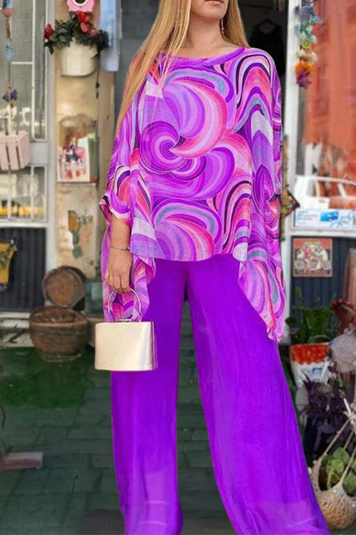 Printed Batwing Sleeves Irregular Top and Wide Leg Pants Chiffon Set