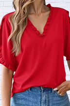Ruffled V-Neck Short Sleeve Blouse