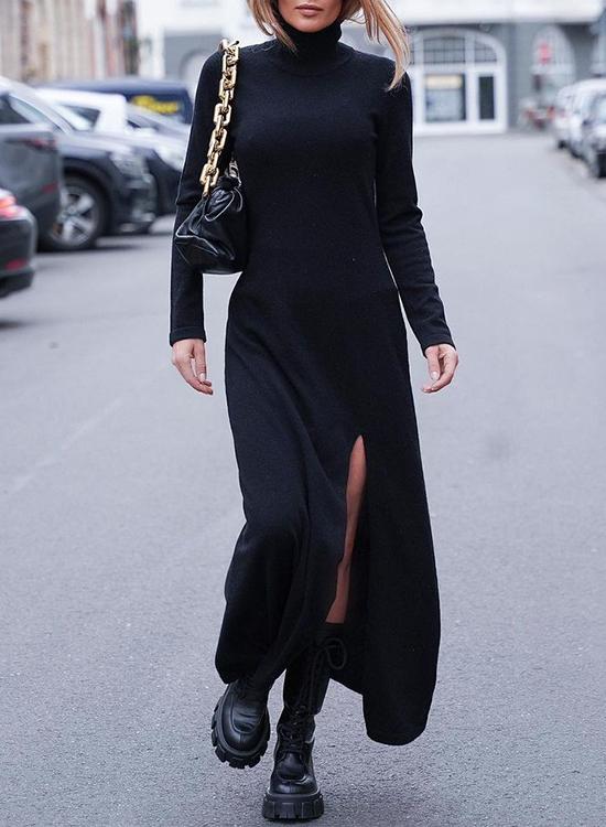 Turtleneck Long Sleeve High Split Maxi Dress