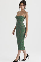 Floral Lace Underwire Corset Spaghetti Strap Paneled Seam Midi Dress