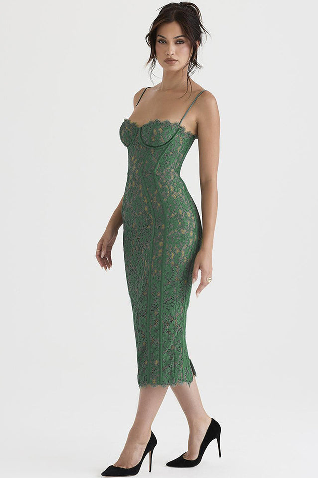 Floral Lace Underwire Corset Spaghetti Strap Paneled Seam Midi Dress