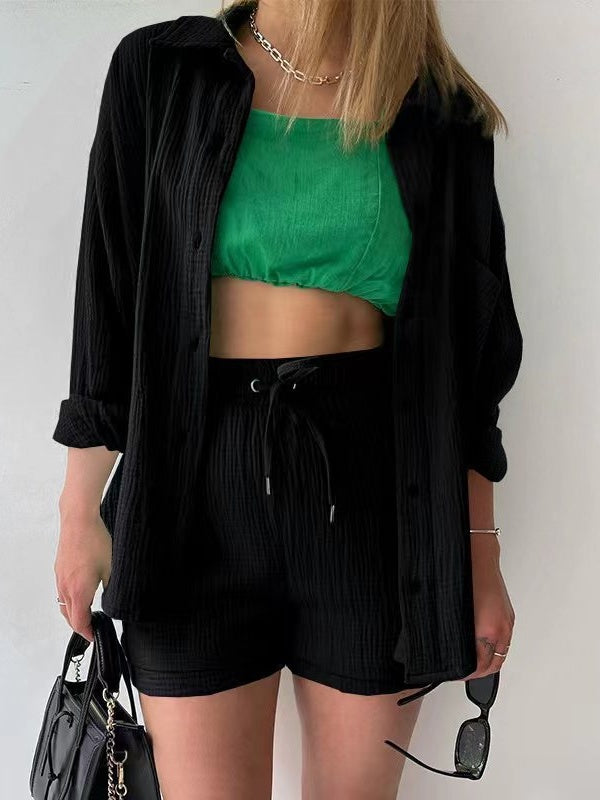 Long-sleeved Shirt And High-waisted Drawstring Shorts Casual Two-piece Set