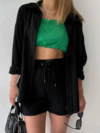 Long-sleeved Shirt And High-waisted Drawstring Shorts Casual Two-piece Set