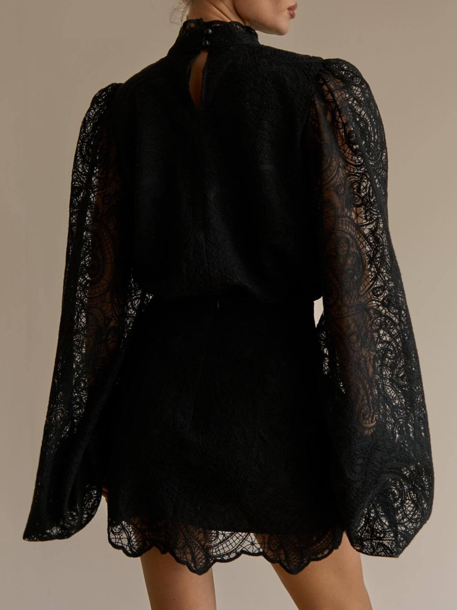 Lantern Sleeve High Neck Lace Two-piece Set