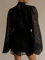 Lantern Sleeve High Neck Lace Two-piece Set