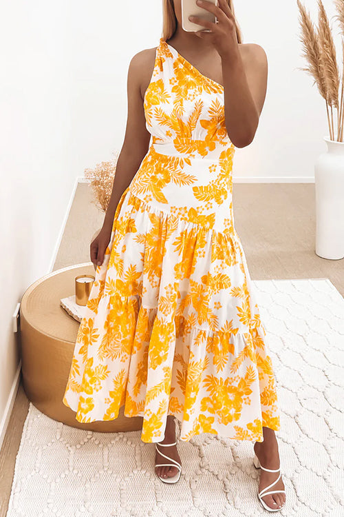 One Shoulder Sleeveless Printed Swing Maxi Dress