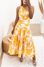 One Shoulder Sleeveless Printed Swing Maxi Dress