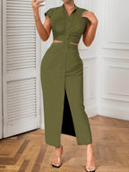 Backless Bare Waist Lapel Bodysuit With Slits Maxi Dresses