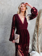 Lace Long-sleeved V-neck Solid Color Chiffon Long Dress