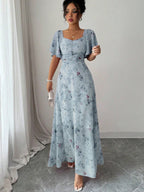 Floral Lotus Leaf Sleeves Sweetheart Collar Vacation And Leisure Maxi Dresses